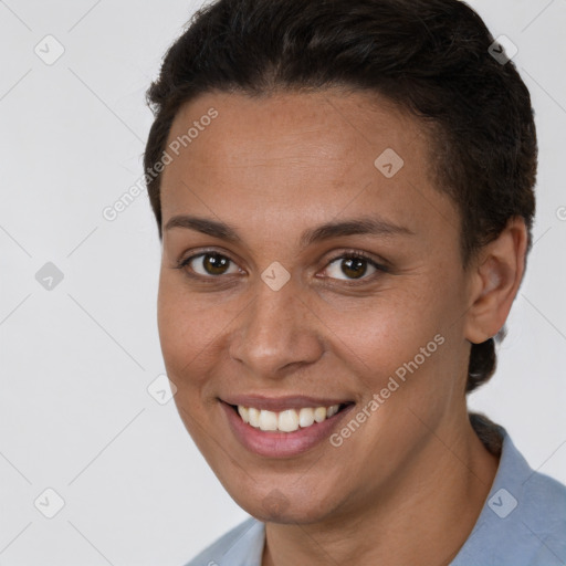 Joyful white young-adult female with short  brown hair and brown eyes