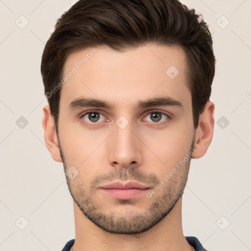 Neutral white young-adult male with short  brown hair and brown eyes