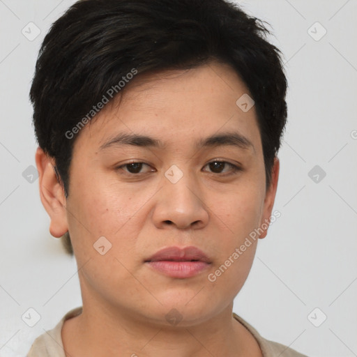 Neutral asian young-adult male with short  brown hair and brown eyes