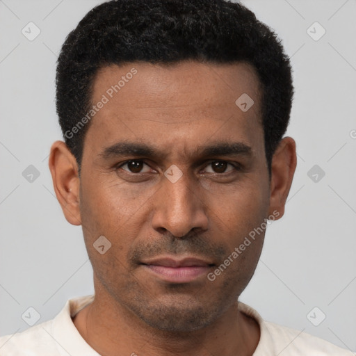Neutral latino adult male with short  black hair and brown eyes