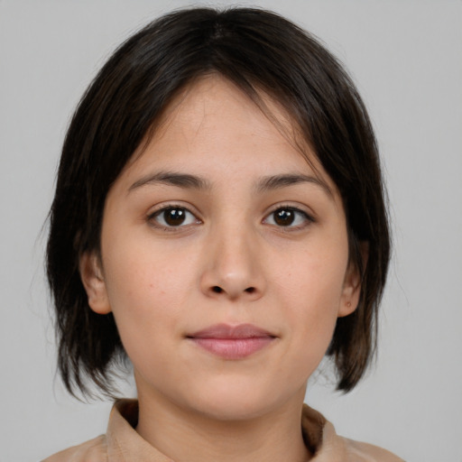 Neutral white young-adult female with medium  brown hair and brown eyes
