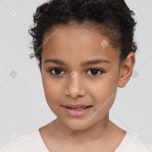 Joyful white child female with short  brown hair and brown eyes