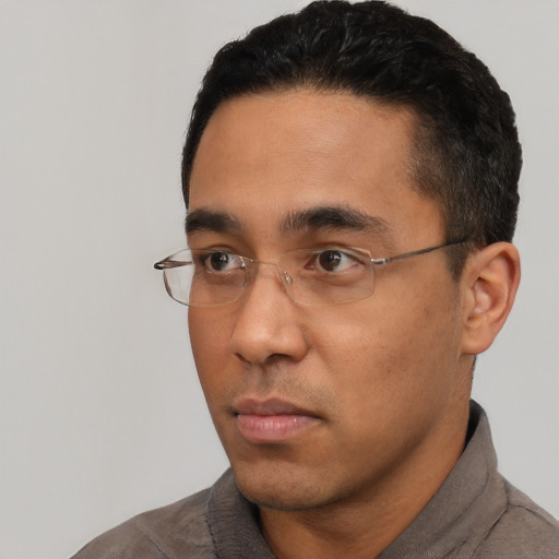 Neutral latino young-adult male with short  black hair and brown eyes