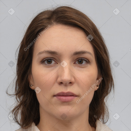 Neutral white young-adult female with medium  brown hair and brown eyes