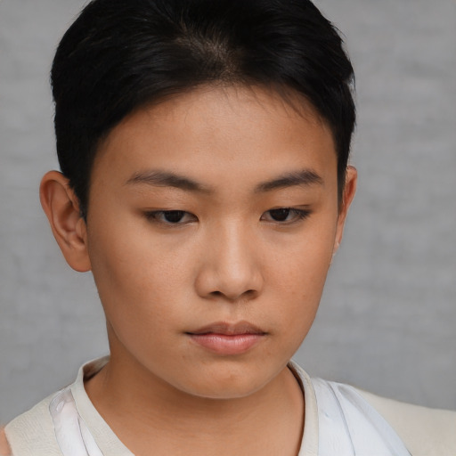 Neutral asian young-adult female with short  brown hair and brown eyes