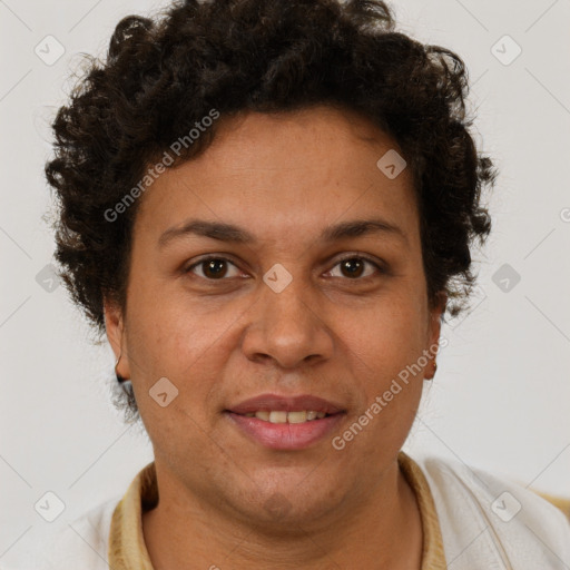 Joyful white adult female with short  brown hair and brown eyes