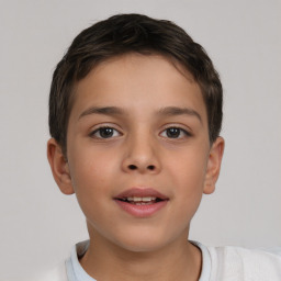 Joyful white child female with short  brown hair and brown eyes