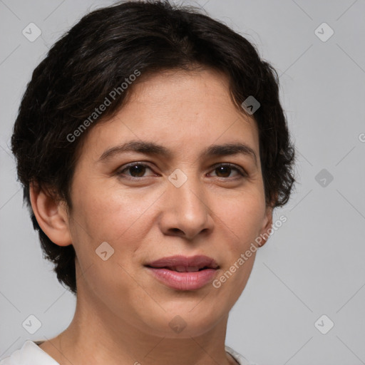 Joyful white adult female with short  brown hair and brown eyes