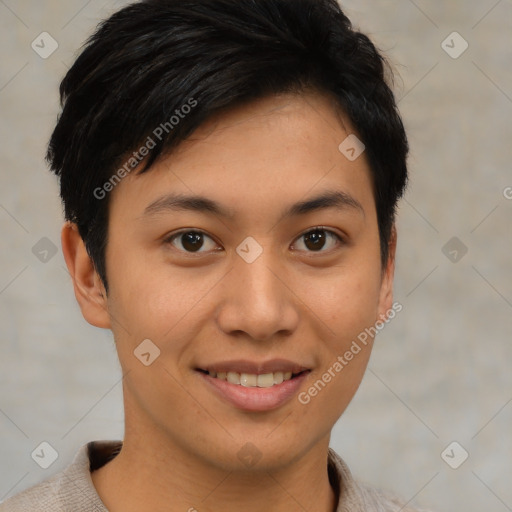 Joyful asian young-adult female with short  brown hair and brown eyes