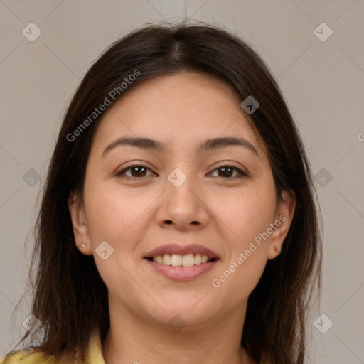 Joyful white young-adult female with medium  brown hair and brown eyes