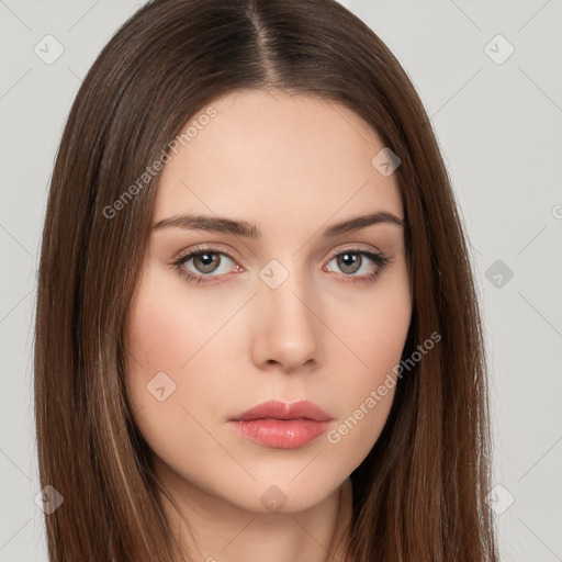 Neutral white young-adult female with long  brown hair and brown eyes