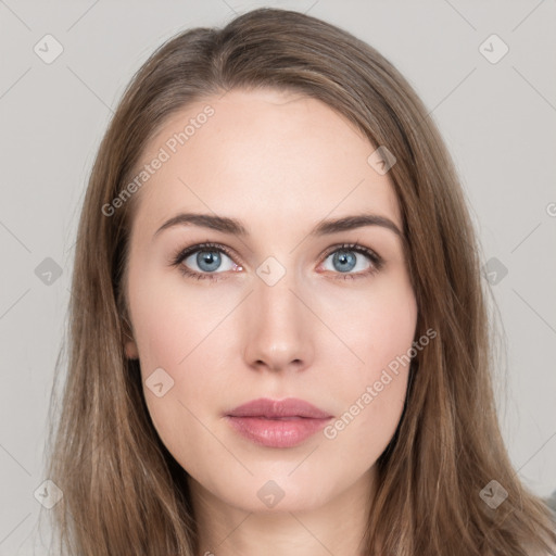 Neutral white young-adult female with long  brown hair and grey eyes