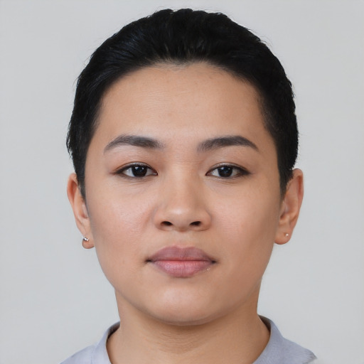 Neutral asian young-adult female with short  black hair and brown eyes