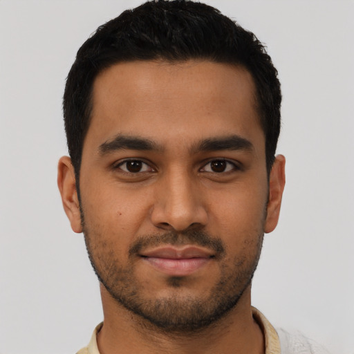 Neutral latino young-adult male with short  black hair and brown eyes