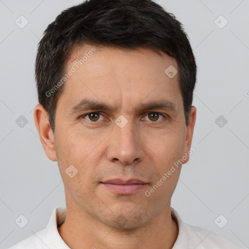 Neutral white adult male with short  brown hair and brown eyes