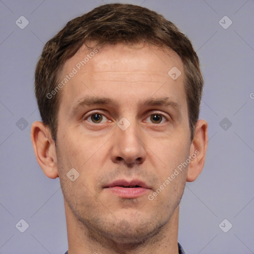 Neutral white adult male with short  brown hair and brown eyes