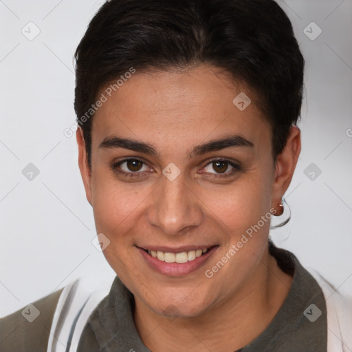 Joyful white young-adult female with short  brown hair and brown eyes