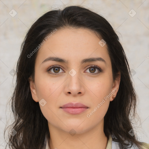 Neutral asian young-adult female with medium  brown hair and brown eyes