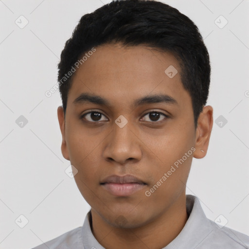 Neutral asian young-adult male with short  black hair and brown eyes