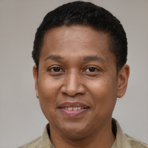 Joyful latino adult male with short  brown hair and brown eyes