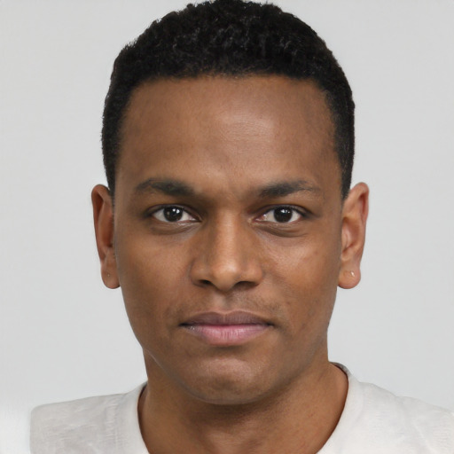 Neutral black young-adult male with short  black hair and brown eyes