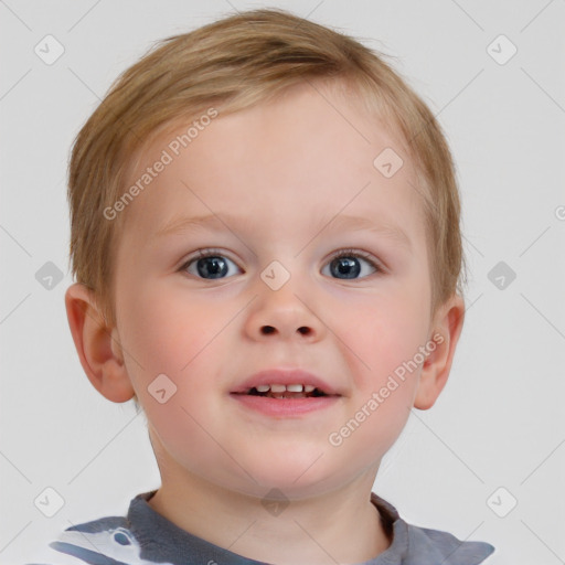 Joyful white child female with short  brown hair and blue eyes