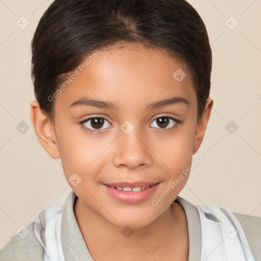 Joyful white child female with short  brown hair and brown eyes