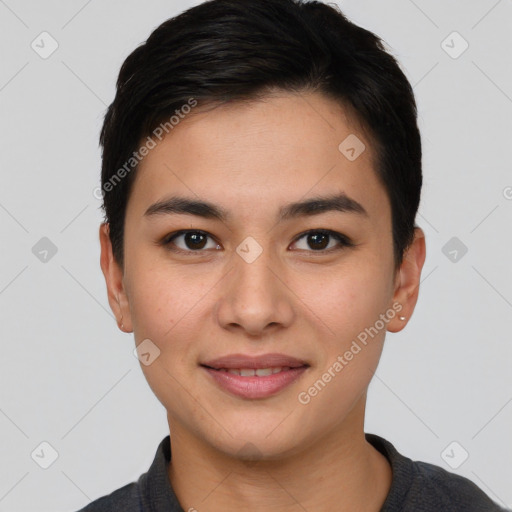 Joyful white young-adult female with short  brown hair and brown eyes