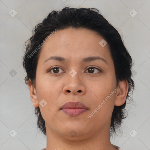 Neutral asian young-adult female with medium  brown hair and brown eyes