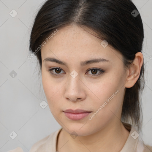 Neutral white young-adult female with medium  brown hair and brown eyes