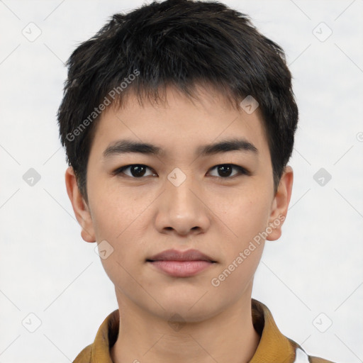 Neutral white young-adult male with short  black hair and brown eyes