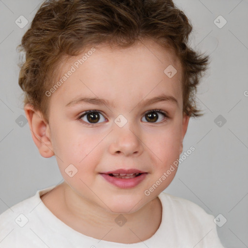 Joyful white child female with short  brown hair and brown eyes