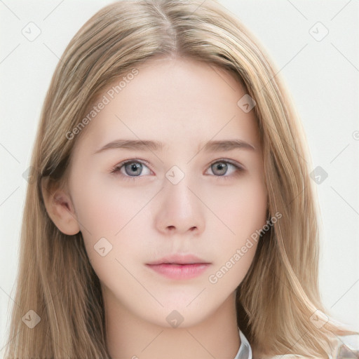 Neutral white young-adult female with long  brown hair and grey eyes