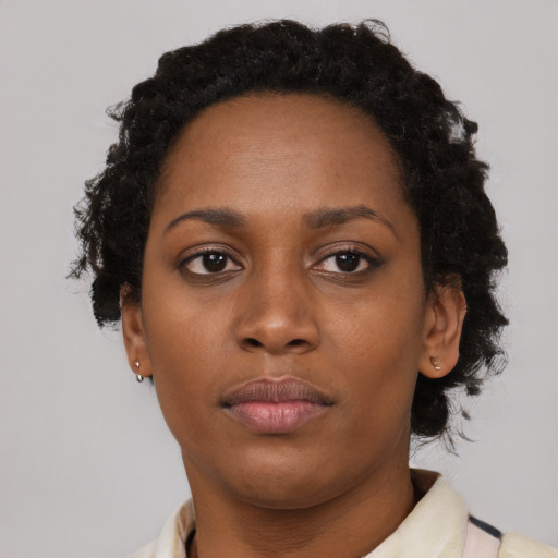 Neutral black young-adult female with short  brown hair and brown eyes