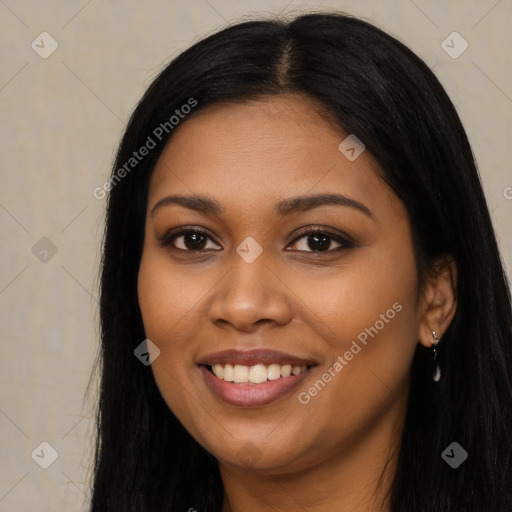 Joyful latino young-adult female with long  black hair and brown eyes