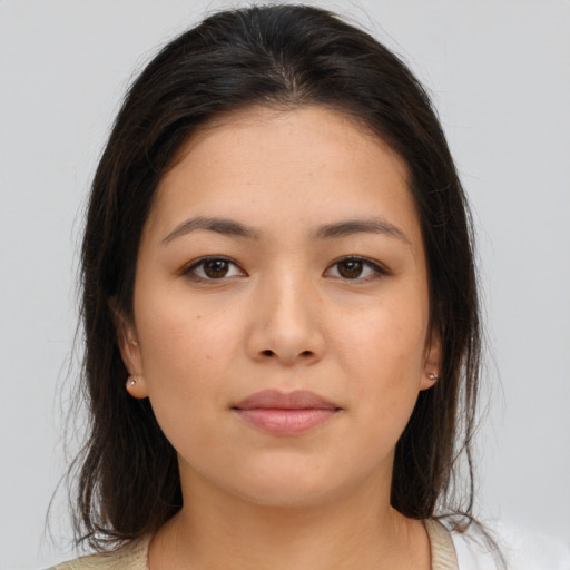 Neutral asian young-adult female with long  brown hair and brown eyes