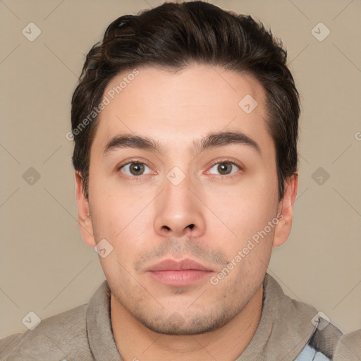 Neutral white young-adult male with short  brown hair and brown eyes