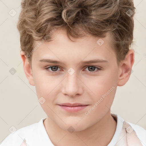 Joyful white child male with short  brown hair and brown eyes