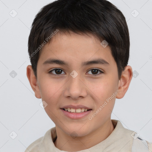 Joyful white child male with short  brown hair and brown eyes