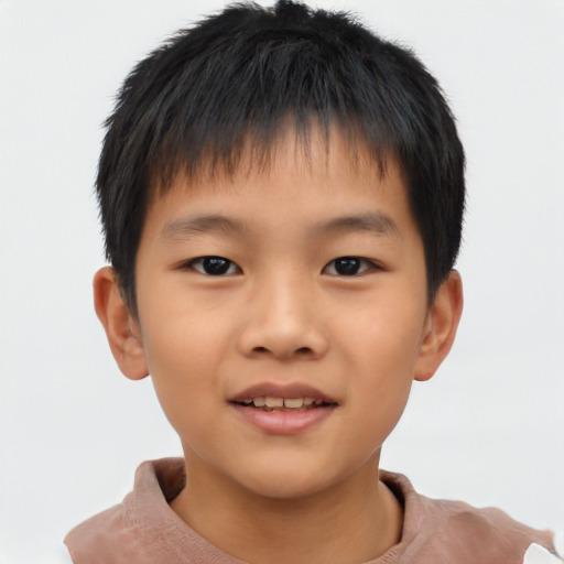 Joyful asian child male with short  brown hair and brown eyes