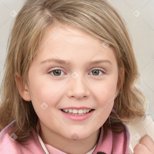 Joyful white child female with medium  brown hair and blue eyes