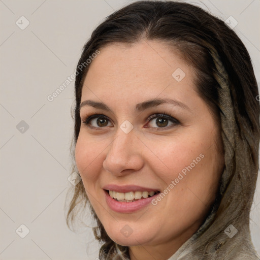 Joyful white young-adult female with medium  brown hair and brown eyes