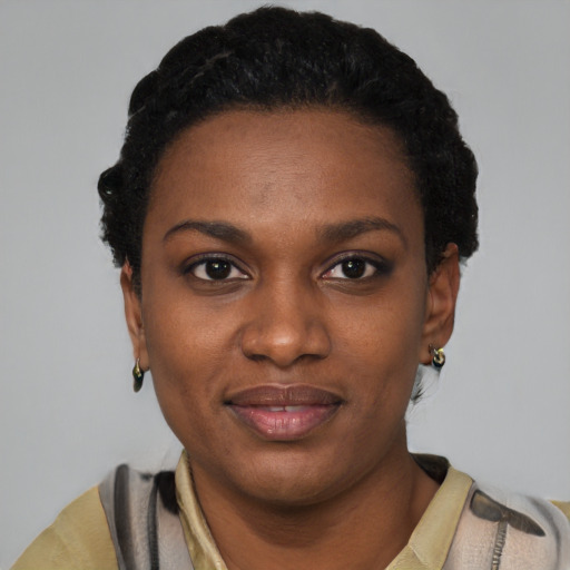 Joyful black young-adult female with short  black hair and brown eyes
