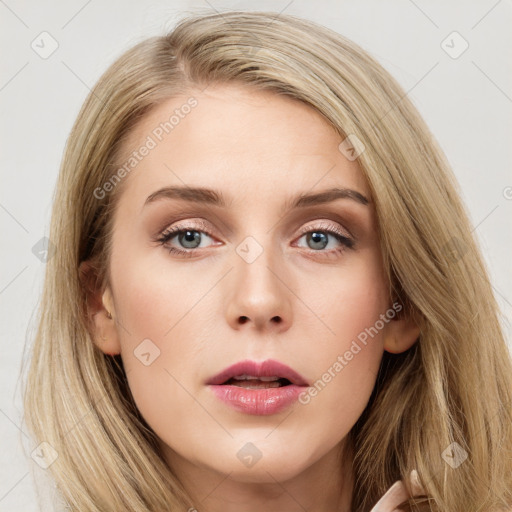 Neutral white young-adult female with long  brown hair and blue eyes