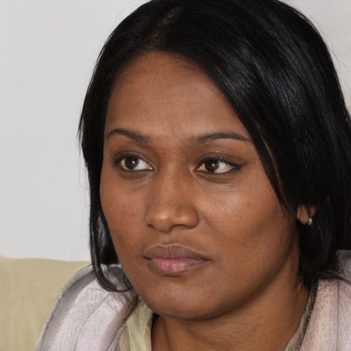 Neutral black young-adult female with medium  black hair and brown eyes