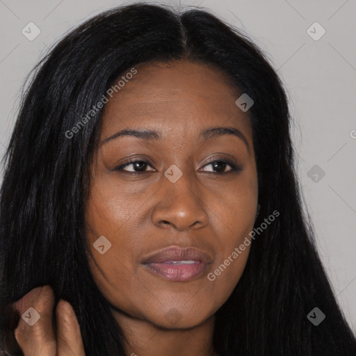 Joyful asian young-adult female with long  brown hair and brown eyes