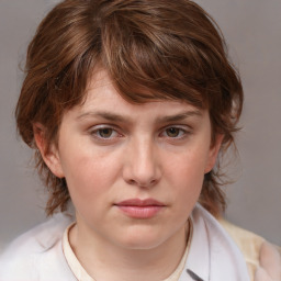 Neutral white young-adult female with medium  brown hair and blue eyes