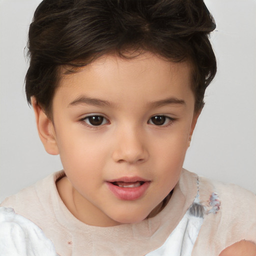 Joyful white child female with short  brown hair and brown eyes