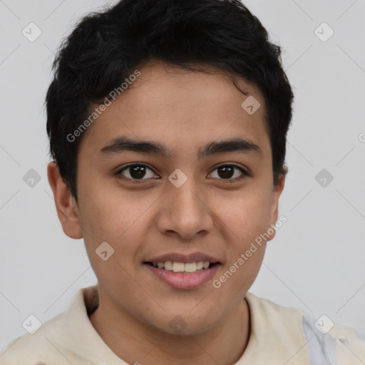 Joyful latino young-adult male with short  brown hair and brown eyes