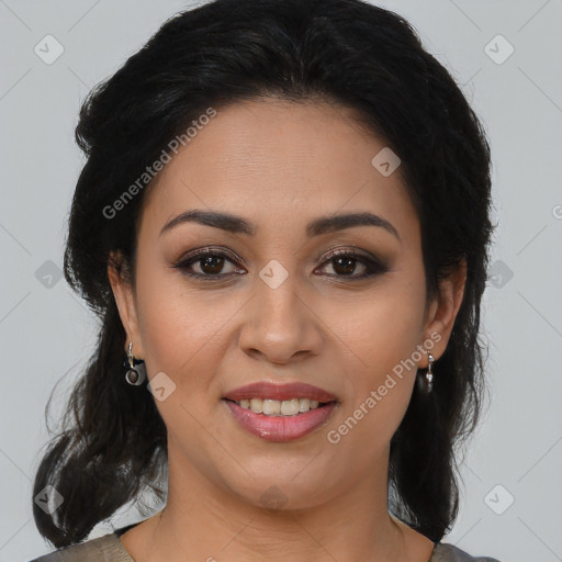 Joyful latino young-adult female with medium  brown hair and brown eyes